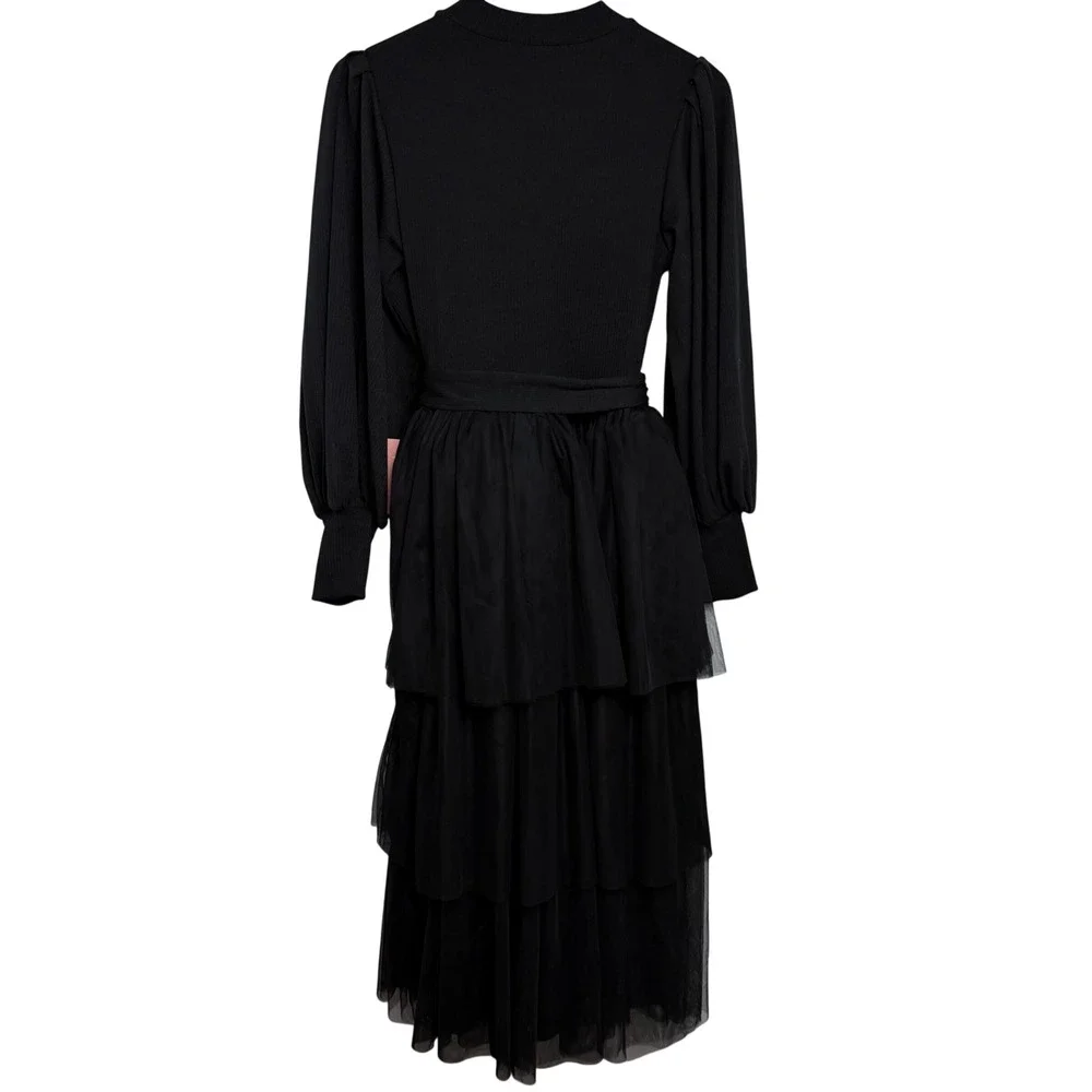 NEW‎ Ivy City Co Cosette Midi Dress Black Ribbed Tulle Tiered Womens Small - Picture 2 of 10